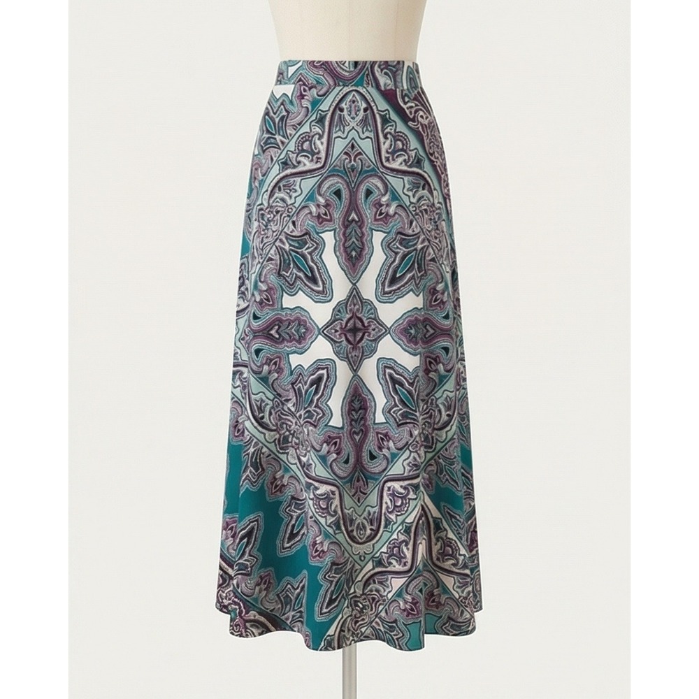 Chico's 1 Teal‎ Purple Paisley Medallion Maxi Skirt Medium NWOT Slinky Pull on